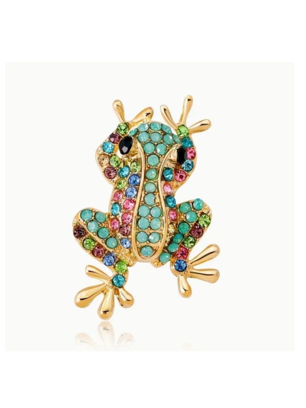 Brooch Frog Green & Multicolor Crystals Gold Tone